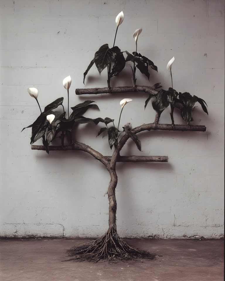 Dark leafy plant with white blooms growing from branch shelves, exposed roots and a textured gray wall background.