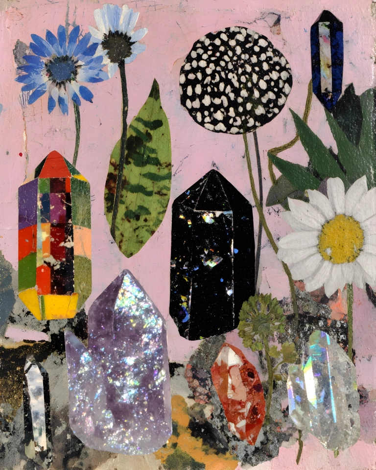 Mixed media collage of daisies, green leaves and colorful crystal shapes arranged on a textured pink background.