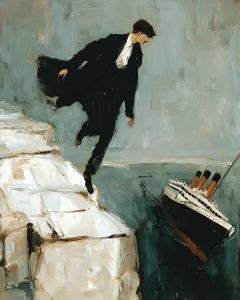 Impasto painting of a black-suited man stepping from white cliffs toward a ship on a muted blue-green background.
