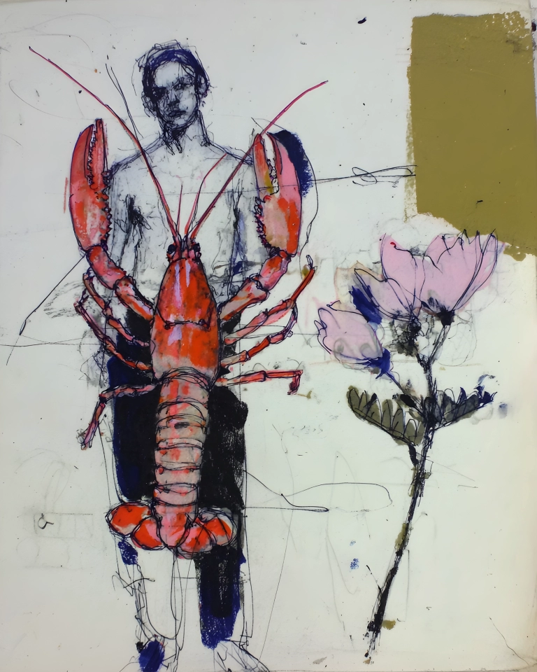 Abstract artwork showing a red lobster with raised claws, a faint human figure, pink flowers and a gold rectangle on a pale background.