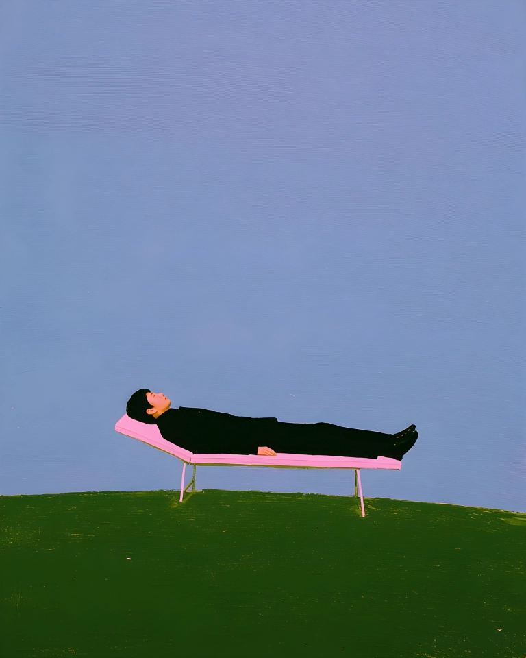 Person dressed in black lying on a pink chaise beside a vast blue surface and green foreground.