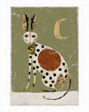 Moonlit Hare Art Print in Sage Green & Rust | Whimsical Folk Animal Wall Art