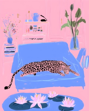 Pink Room Reverie Art Print with Sleeping Leopard, Piano, and Water Lilies