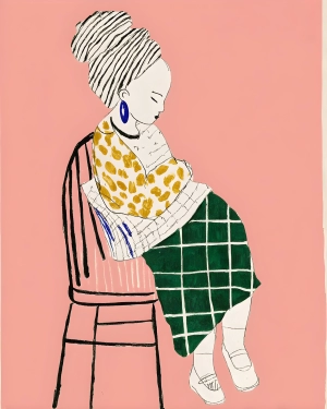 Quiet Pause Figurative Print in Pink, Green & Cobalt by Anivella