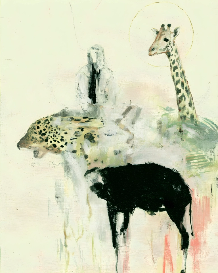 Abstract painting of a giraffe, spotted big cat and dark horse-like animal on a pale textured background.