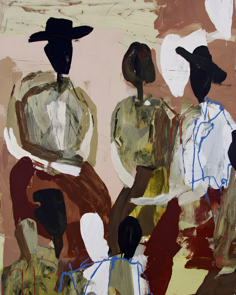 Expressive abstract painting with layered humanlike forms in olive, rust, black and white brushstrokes on a pale neutral ground.