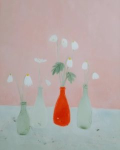 Pastel painting of white flowers in pale green and red-orange vases against a blush pink background.