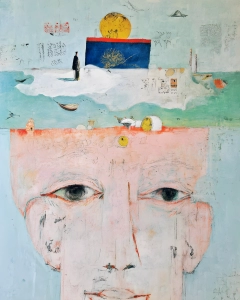 Pastel surreal face with large eyes below a floating seascape of boats, figures, a blue panel and a yellow sun.