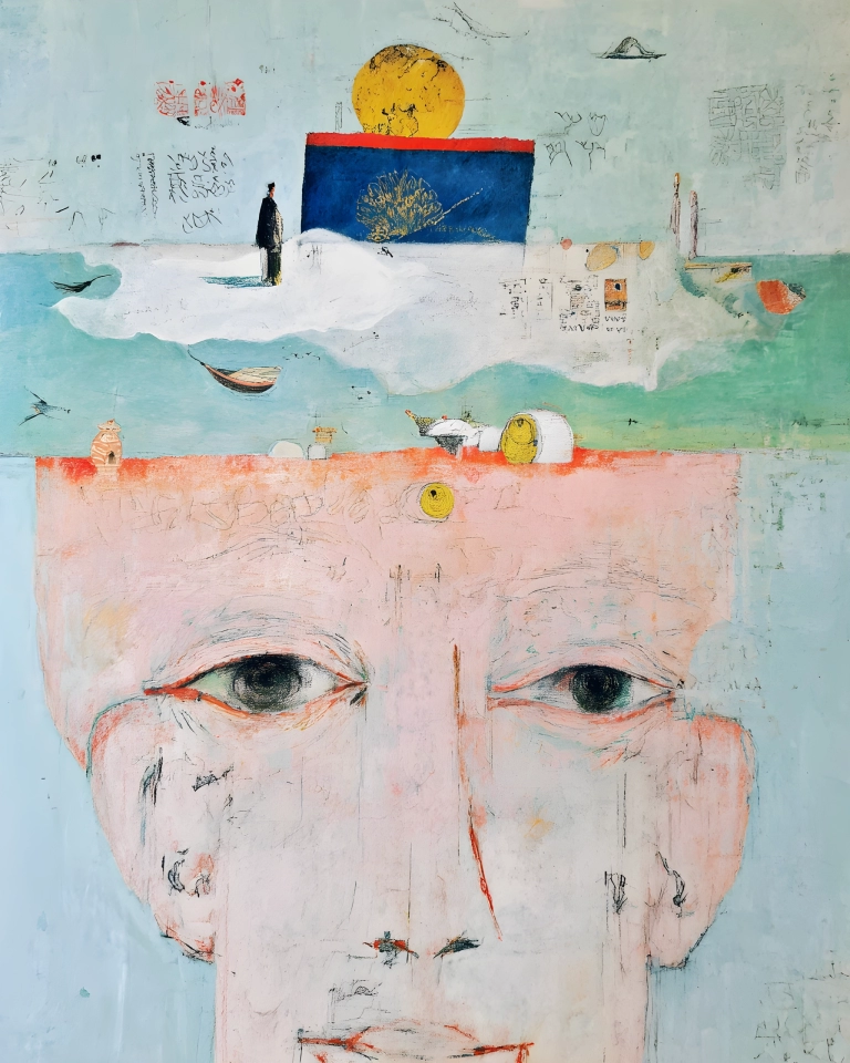 Pastel surreal face with large eyes below a floating seascape of boats, figures, a blue panel and a yellow sun.
