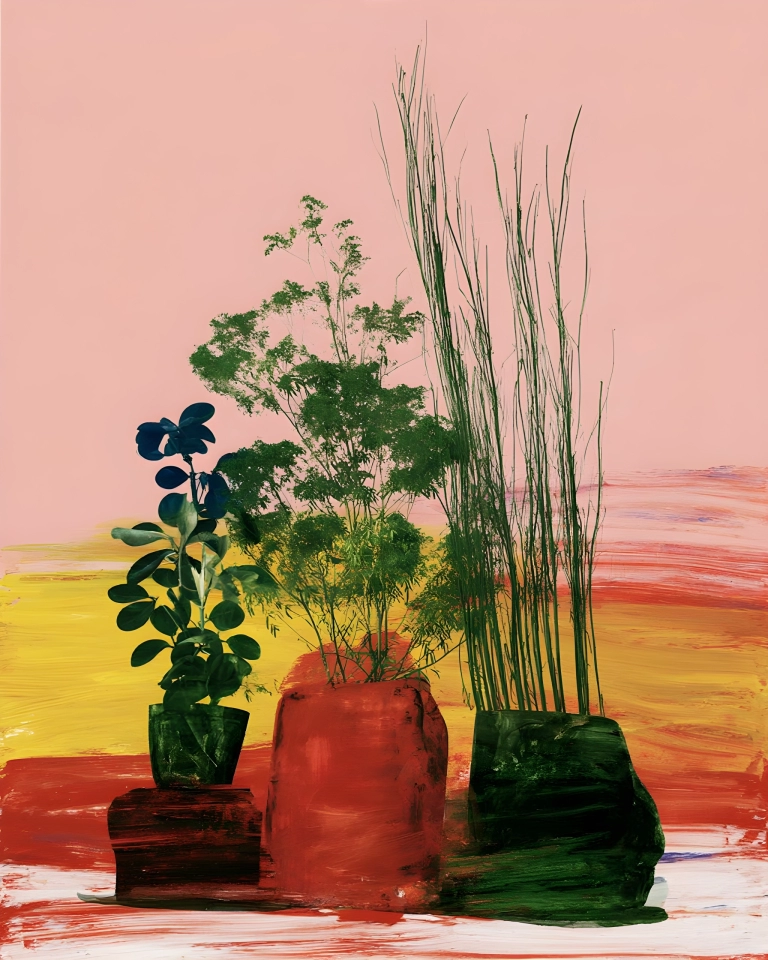 Colorful botanical still life with green potted plants and tall stems against a soft pink background with yellow and red painted ground.