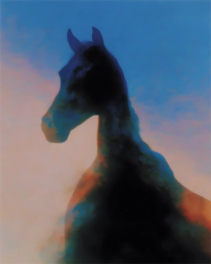 Twilight Giraffe Silhouette Art Print in Blue and Ember