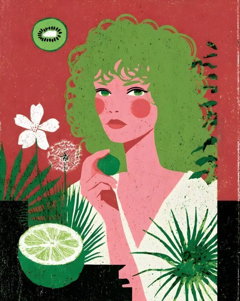 Stylized pink-faced woman with green hair holding a green fruit, surrounded by tropical leaves, white flowers, kiwi and citrus on coral red.