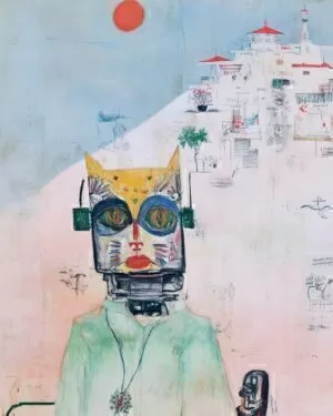 Surreal figure wearing a colorful mask below a pale blue cityscape with red rooftops and a red sun.