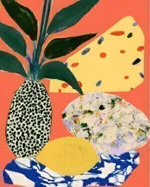 Colorful painted still life with tropical leaves, spotted vase, yellow fruit shapes and coral background.
