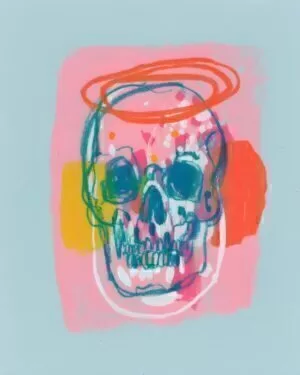 Abstract skull drawn in teal lines over a pink painted block, with an orange halo, yellow and coral accents, and a pale blue background.