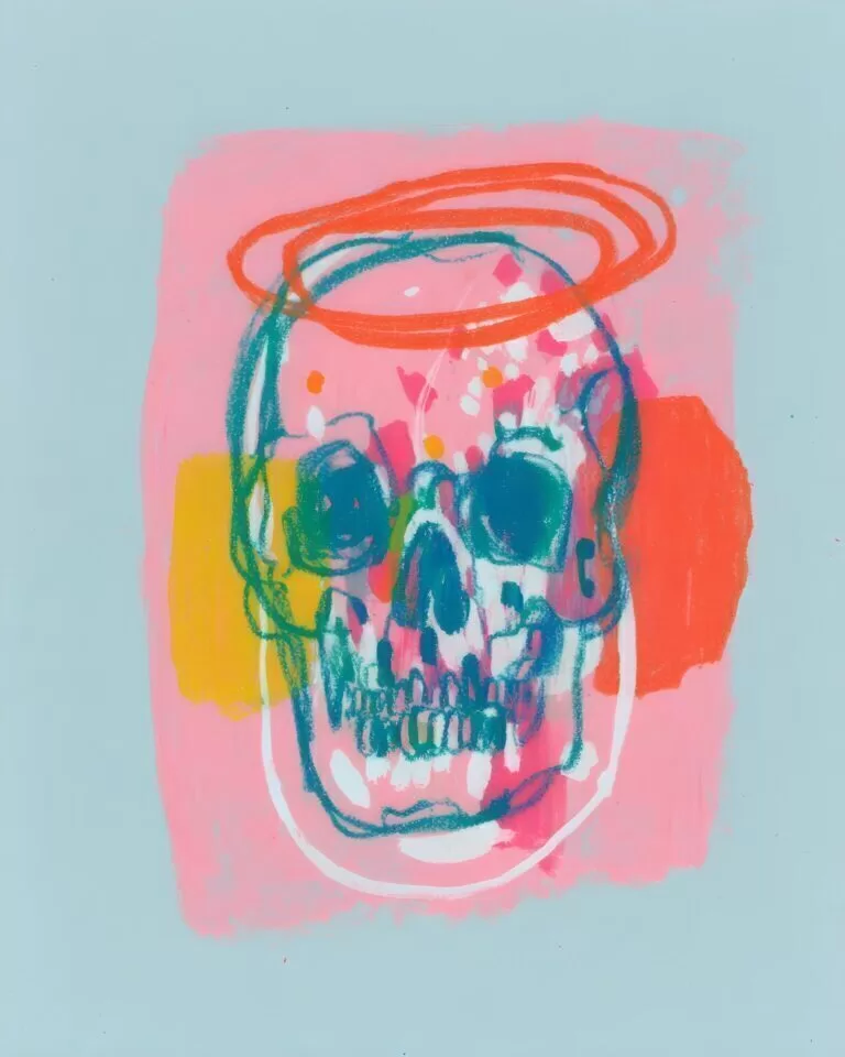 Abstract skull drawn in teal lines over a pink painted block, with an orange halo, yellow and coral accents, and a pale blue background.