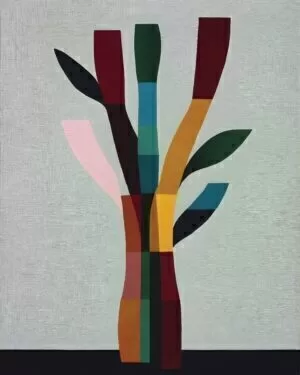 Abstract botanical artwork with tall ribbon-like stems and leaves in burgundy, green, teal, pink and gold on a pale textured background.