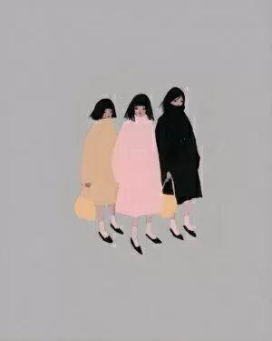 Three stylized figures in pink, ochre and black coats standing against a soft grey background.