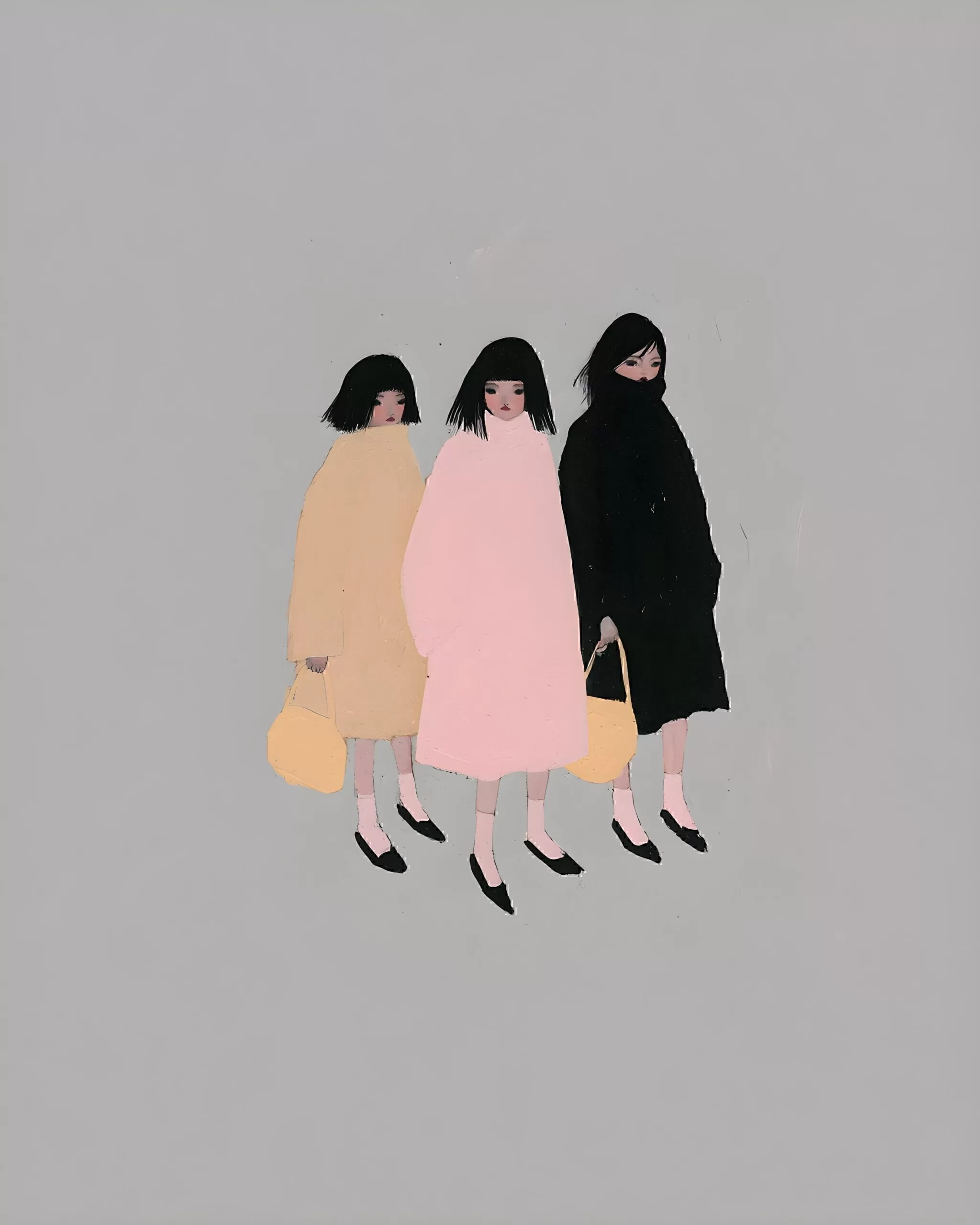 Three stylized figures in pink, ochre and black coats standing against a soft grey background.