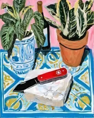 Painterly still life of potted plants on blue patterned tiles with a red pocket knife in the foreground.