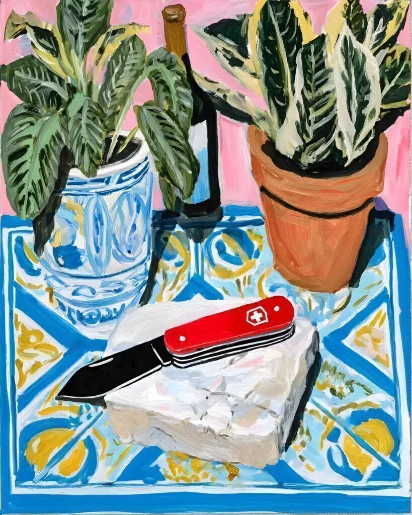 Painterly still life of potted plants on blue patterned tiles with a red pocket knife in the foreground.