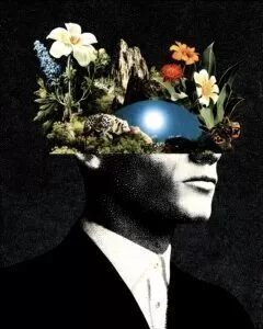 Surreal black and white bust with an open head filled with flowers, plants, a glowing blue orb and small animals on a starry black background.