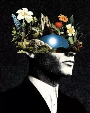 Surreal black and white bust with an open head filled with flowers, plants, a glowing blue orb and small animals on a starry black background.
