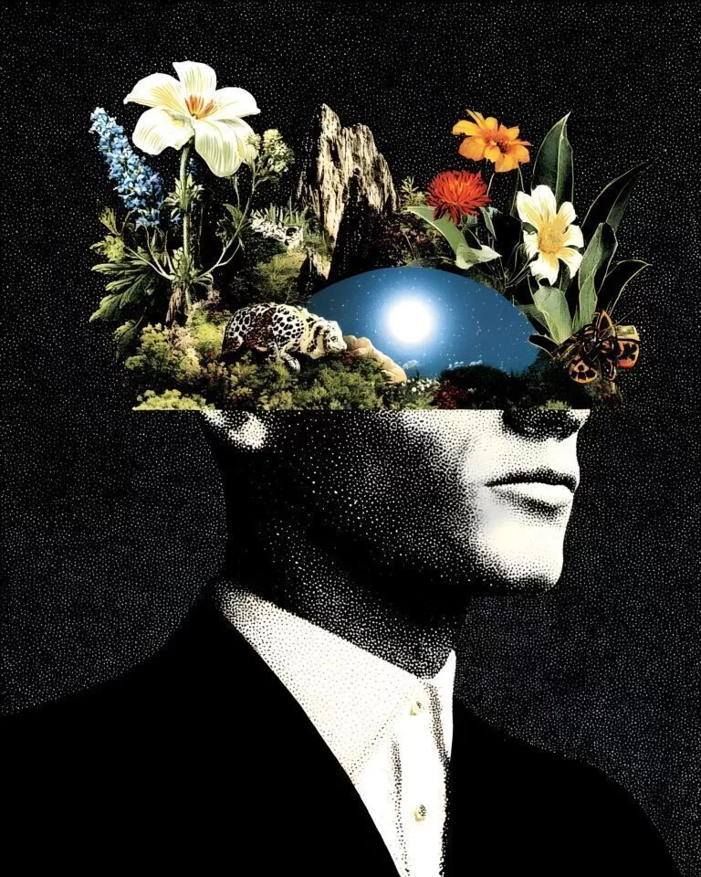 Surreal black and white bust with an open head filled with flowers, plants, a glowing blue orb and small animals on a starry black background.