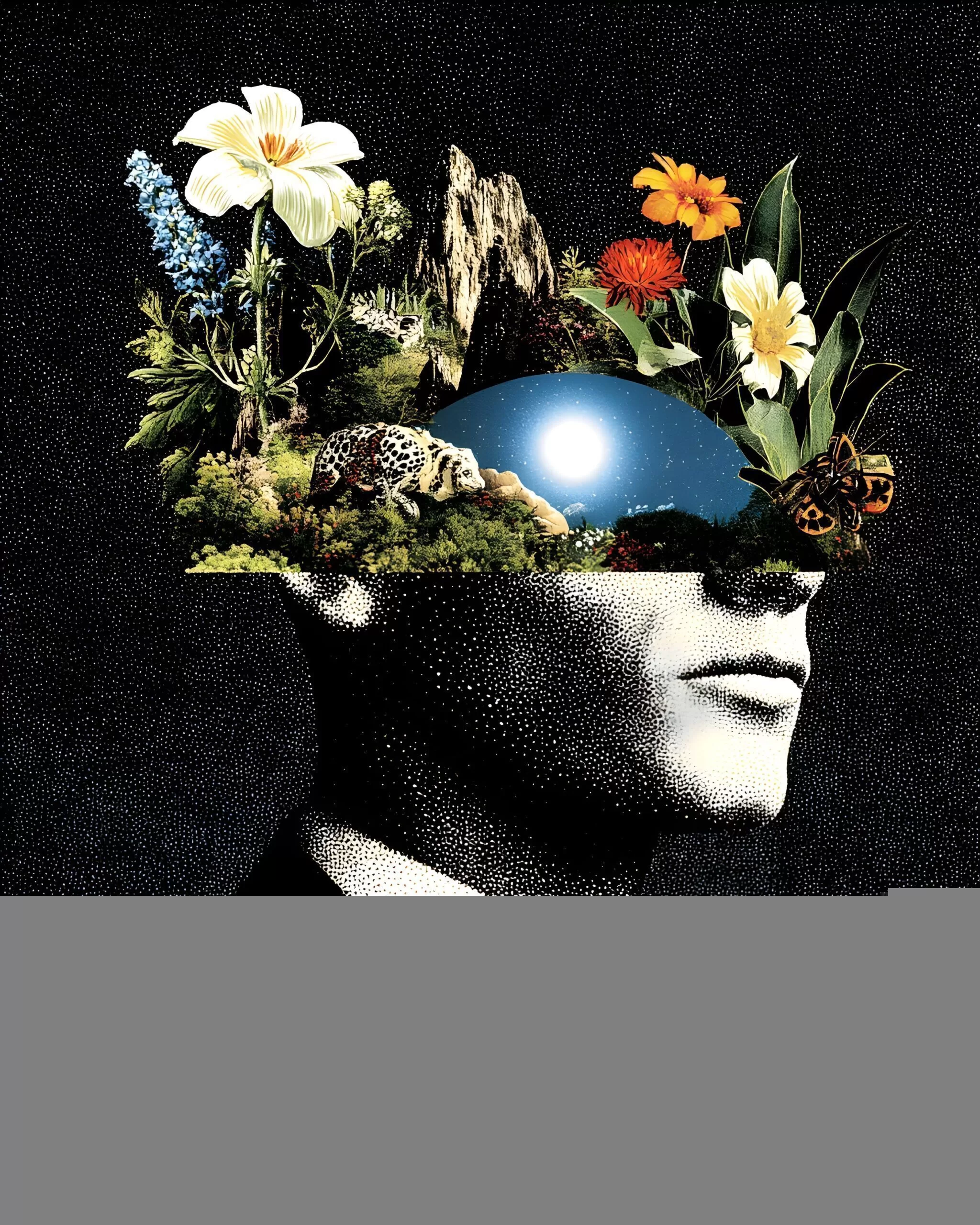 Surreal black and white bust with an open head filled with flowers, plants, a glowing blue orb and small animals on a starry black background.